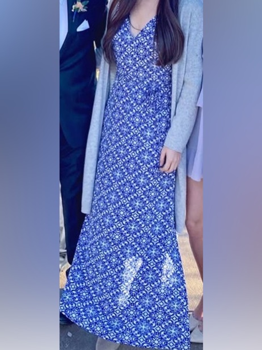 Lulu's White Maxi Dress with Blue Lace Print